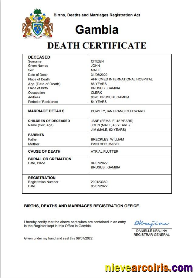 Gambia vital record death certificate